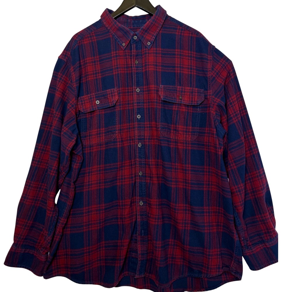 Mens Red Navy Blue Plaid Flannel Button Down Shirt Long Sleeve Chest Pockets